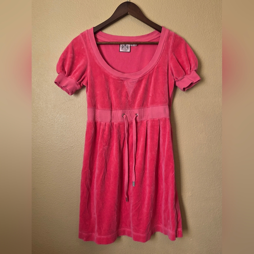 Y2k Juicy Couture Pink Velour Drawstring Babydoll Dress Size Medium